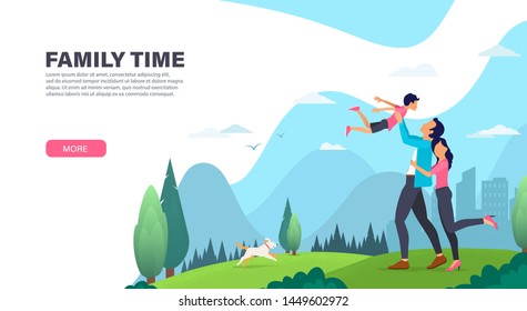 Family spend time together outdoor. Wife hugs her husband. Father playing with his son. Landing page design. Modern Vector illustration for websites