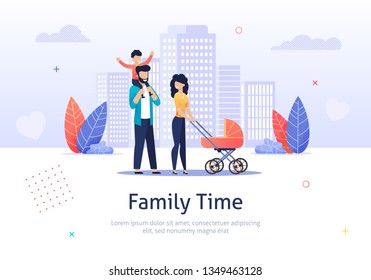 Family Spend Time Together Walking with Baby Stroller Banner Vector Illustration. Happy Parents with Children. Man Holding Boy. Characters on Weekend. City Background with Buildings.