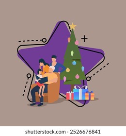 Family spending Christmas holidays illustration. Grandfather with little girl reading book, mother and father near Xmas tree with gift boxes. New Year, family, celebration concept for banner design