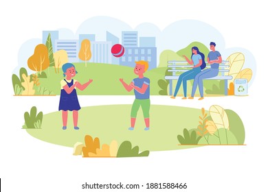 Family Spending Free Time in Park Cartoon Flat Vector Illustration. Children Playing with Ball near Parents. Mother and Father Sitting on Bench and Looking at Kids. Outdoor Activities, Fresh Air.