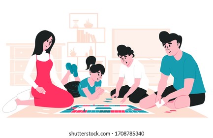 Family spending leisure time together. Mother, father, daughter and son playing board game on the floor at living room. Stay at home with children. Parenting and daycare in quarantine lockdown.