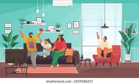 La familia pasa tiempo libre juntos. Madre, padre, hija e hijo jugando al juego de mesa en la sala de estar. Quédate en casa con los niños. Padres y guarderías. Feliz sonrisa a los miembros de la familia en el acogedor hogar