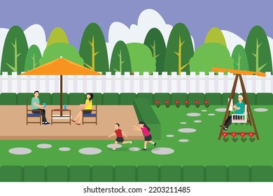 Family spending quality time in a backyard 2d flat vector illustration concept for banner, website, illustration, landing page, flyer, etc.