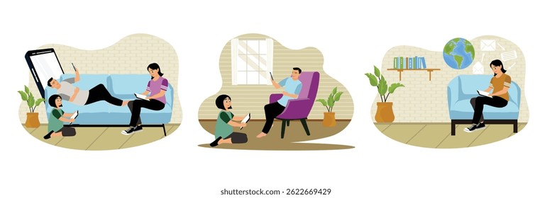 Family spending quality time on the couch. Father and daughter surfing the internet using smartphones. Playing mobile phones and sending messages on social networks. Set flat vector illustration.
