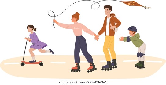 Family spending quality time together outdoors, with parents roller skating while holding hands, their daughter riding a scooter, and their son roller skating and trying to catch a kite