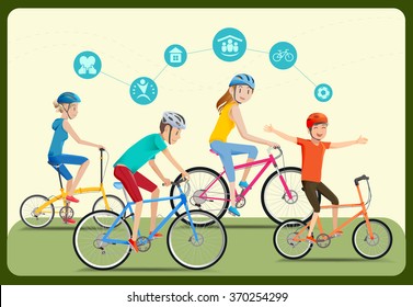 The family was spending the summer holiday together. Cycling in the park. Reducing energy use in city. Icon healthy care.