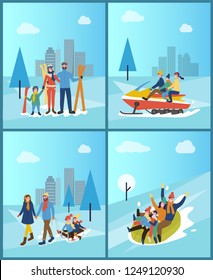 Family spending time in city, town wintry park set vector. People going downhill on tube, skiing and snowmobiling, mother and father with children