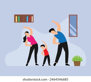 la familia pasa tiempo haciendo ejercicio matutino juntos en casa. estilo de vida saludable fitness interior 2d Ilustración vectorial plana