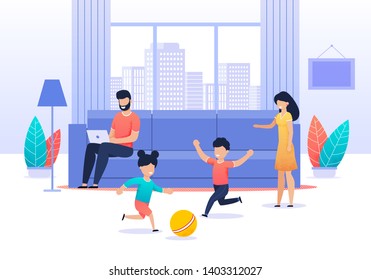 Familie verbringt Zeit zu Hause. Busy Vater sitzt auf Sofa im Wohnzimmer. Aktive Kinder spielen Ball. Mama versucht sie zu beruhigen. Eltern und Kinder. Werte und Prioritäten. Vektorflache Illustration