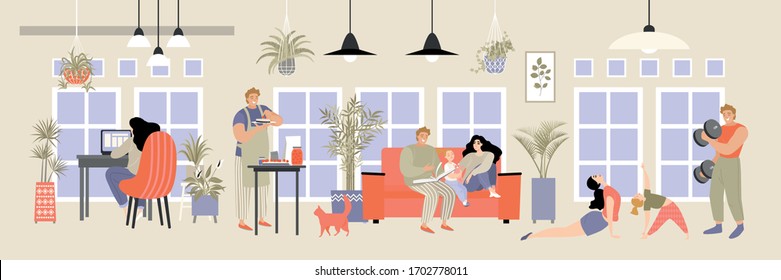 Family spending time at home concept. Parents read a book and do fitness with their daughter. Mother working remotely and father preparing food. Image in a flat style.