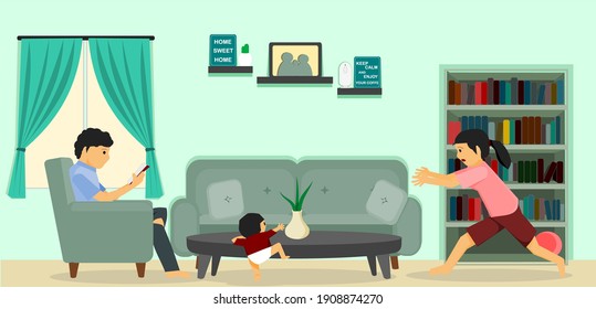 Family Spending Time at Home. Father reading on Sofa in Living Room. Active Child Playing. Mom Tries Calming Down there. Parents and Kids. Vector Flat Illustration