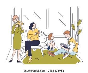 Family spending time indoors. Father reads book to child, mother hands her son toy. Idyll in apartment. Leisure and rest at home. Linear vector illustration isolated on white background