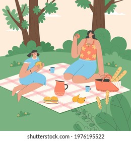 Family spending time at picnic concept. Mother and daughter sitting on blanket and eating fruits or sandwiches in nature. Outdoor activities, joint leisure, rest. Vector characteristic illustration