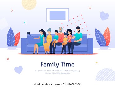 Family Spending Time Sitting on Sofa and Taking Photo Together Banner. Grandparents and Parents Holding Small Boy and Girl Vector Illustration. Happy Male, Female Characters in Living Room.