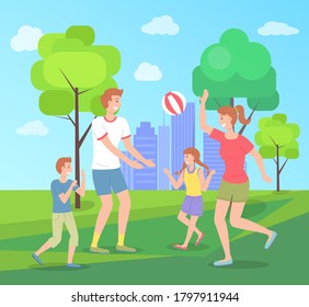 Family spending time in summer urban park playing with ball, leisure, children, mother, father have fun, recreation, mom, dad and kids play active game, playtime, relationships of parents and children
