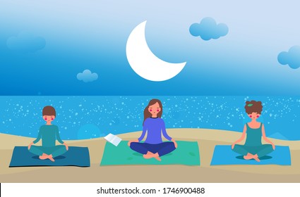 Family spending time together at the beach, parents and children meditate and practice yoga under moon light.  Cute characters with pink and rosy cheeks.  Vector illustration for graphic design,website or banner