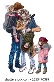 Family spending time together. Dad kissing mom, father holding kid on back and mom hugging child. Husband and wife. Happy parents and children in wintertime, playing outdoors. Vector illustration