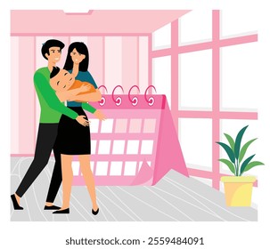 A family spending time together, emphasizing love, warmth, and parenthood in a bright, modern living space. Flat vector modern illustration 