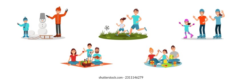Family Spending Time Together with Happy Parents and Children Vector Set