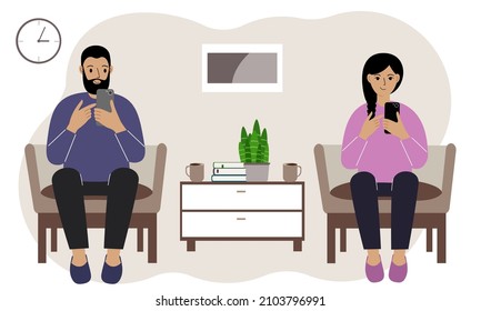 Family spending time together at home, husband and wife are relaxing in the living room, using a smartphone. Family evening routine trendy flat vector banner, poster template.