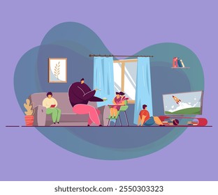 Family spending time together at home. Father giving food to his baby girl, son watching TV, mother sitting on sofa, reading book in living room flat vector illustration. Parenthood, kids concept