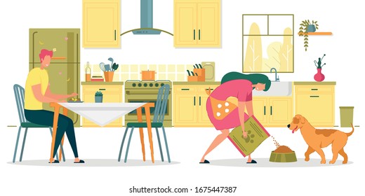 Family Spending Time Together In Kitchen Flat Cartoon Vector Illustrtation. Girl In Short Apron Pouring Food From Large Bag In Bowl For Dog. Pet Waiting For Eating. Man Having Meal At Table.