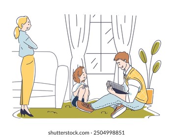 Family spending time together. Man and woman read book to their daughter. Education and training. Love of reading and literature. Linear vector illustration isolated on white background