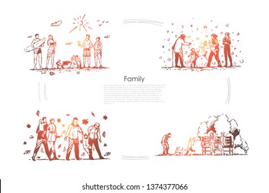 Family - family spending time together outdoors during all seasons of year vector concept set