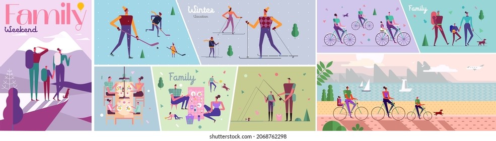 Family. Spending time together. Vacation. Big set. Collection of vector illustrations. Simple, flat design. Patterns and backgrounds. Perfect for poster, cover, banner.