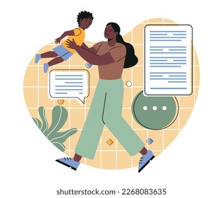 Family spending time together. Young happy woman mother holds her little son in arms, plays with him and has fun. Parenthood and motherhood. Mom loves her child. Cartoon flat vector illustration