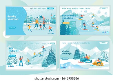 Family Spending Weekend on Ice Skating Rink. Snowboarding with Kids in Winter Resort. Skiing in Snow-Covered Mountains. Riding Snowmobiles in Forest. Four Landing Pages with Copy Space for Extra Text.