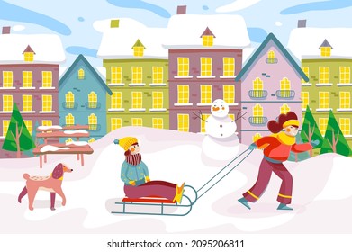 Family spends time during winter holidays in cityscape background. Mom pulls sled with her little daughter. Seasonal entertainment at city street scenery. Vector illustration in flat cartoon design