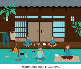 The family spends time relaxing together in the backyard ,All member meditate together