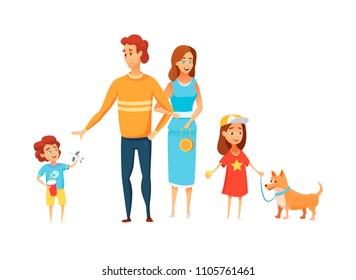 Family spends time together with dog. A family of 4 people walks together with dog.