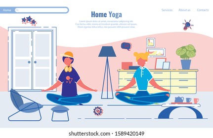 Family Spends Time Together and doing Home Yoga. Guy and Girl Sit at Home on Floor and Meditate. They Found Common Passion and so Relax. Next to Girl on Stand Kettle with Cups, Cartoon Illustration.