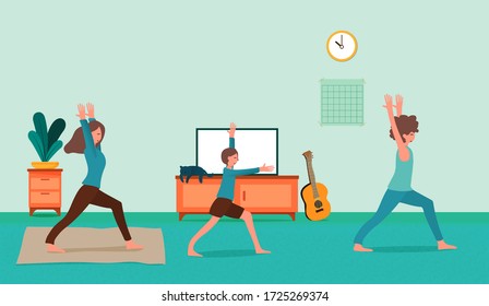 The family spends time together in the house Parents and children are doing yoga