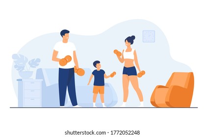 Family sport activity concept. Parents and child lifting weight, exercising with dumbbells at home. Vector illustration for quarantine, body training, indoor workout topics