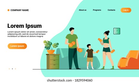 Family sport activity concept. Parents and child lifting weight, exercising with dumbbells at home. Vector illustration for quarantine, body training, indoor workout topics