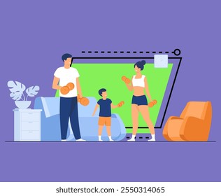 Concepto de actividad deportiva familiar. Padres e hijos levantando peso, haciendo ejercicio con pesas en casa. Ilustración vectorial para cuarentena, entrenamiento corporal, ejercicios en interiores Temas