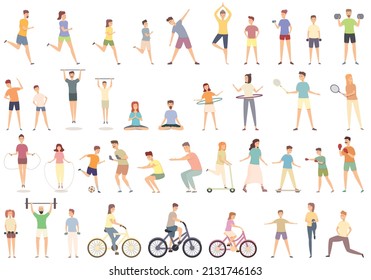 Family sport activity icons set cartoon vector. Home exercise. Sport workout