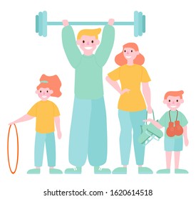 Family and sport activity. Mother, father and children doing gymnastics and workout. Healthy and happy family together. Outdoor activity. Flat vector illustration