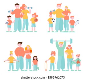 Family And Sport Activity Set. Ice Skating And Backetball, Gymnastics And Workout. Outdoor Activity. Flat Vector Illustration