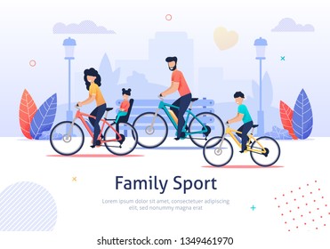 Family Sport Banner Vector Illustration. Parents and Kids Riding Bicycles. Active Vacation. Weekend Activity. Father Mother, Son and Daughter Having Healthy Lifestyle. Travelling together.