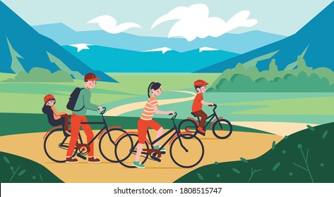 Composición del paseo en bicicleta de deporte familiar con paisaje al aire libre cielo y montañas con familiares montando bicicletas ilustración vectorial