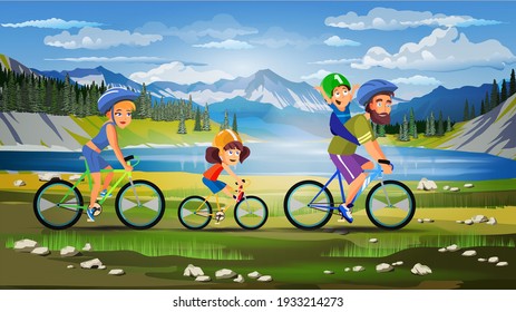 Composición del paseo en bicicleta de deporte familiar con hermoso paisaje al aire libre cielo, lago y montañas con miembros de la familia montando bicicletas ilustración vectorial
