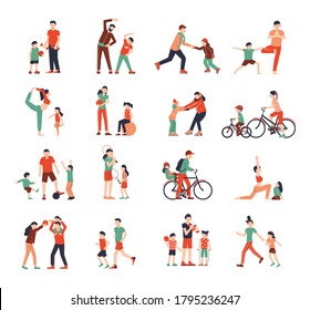 Family sport color set of isolated icons and human characters of kids doing fitness with parents vector illustration