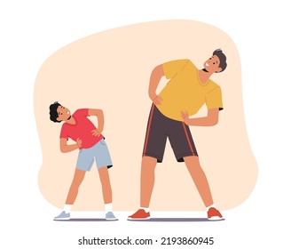 Family Sport Exercises, Young Athlete Man and Boy Characters Doing Fitness or Aerobics with Little Child. Father and Son Workout Together in Gym or Home. Cartoon People Vector Illustration