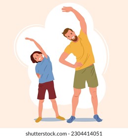 Family Sport Exercises, Young Athlete Man and Boy Characters Doing Fitness or Aerobics with Little Child. Father and Son Workout Together in Gym or Home. Cartoon People Vector Illustration