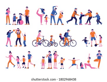 Family sport fitness icon set of flat isolated characters of parents doing sports with their children vector illustration