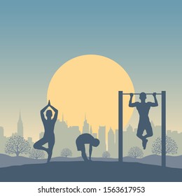Family sport outdoor. Dad, mom and son are engaged in fitness, pilates, yoga outside a city, performs physical exercises to promote health in nature. Vector template for poster, banner, card.